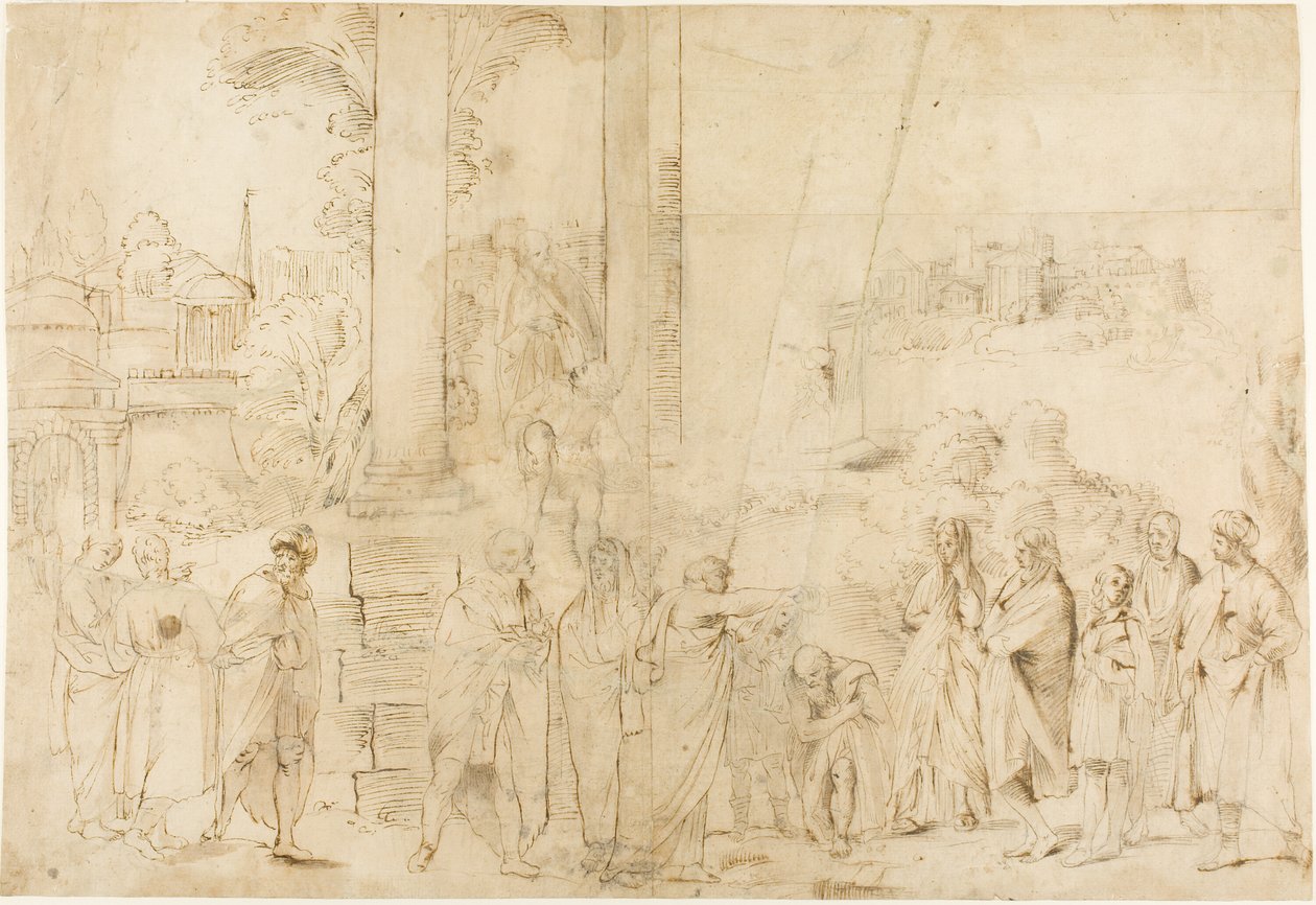 Sint Paulus doopt Dionysus de Areopagiet (recto); Schetsen van baby, handen (verso) door Antonio Carracci