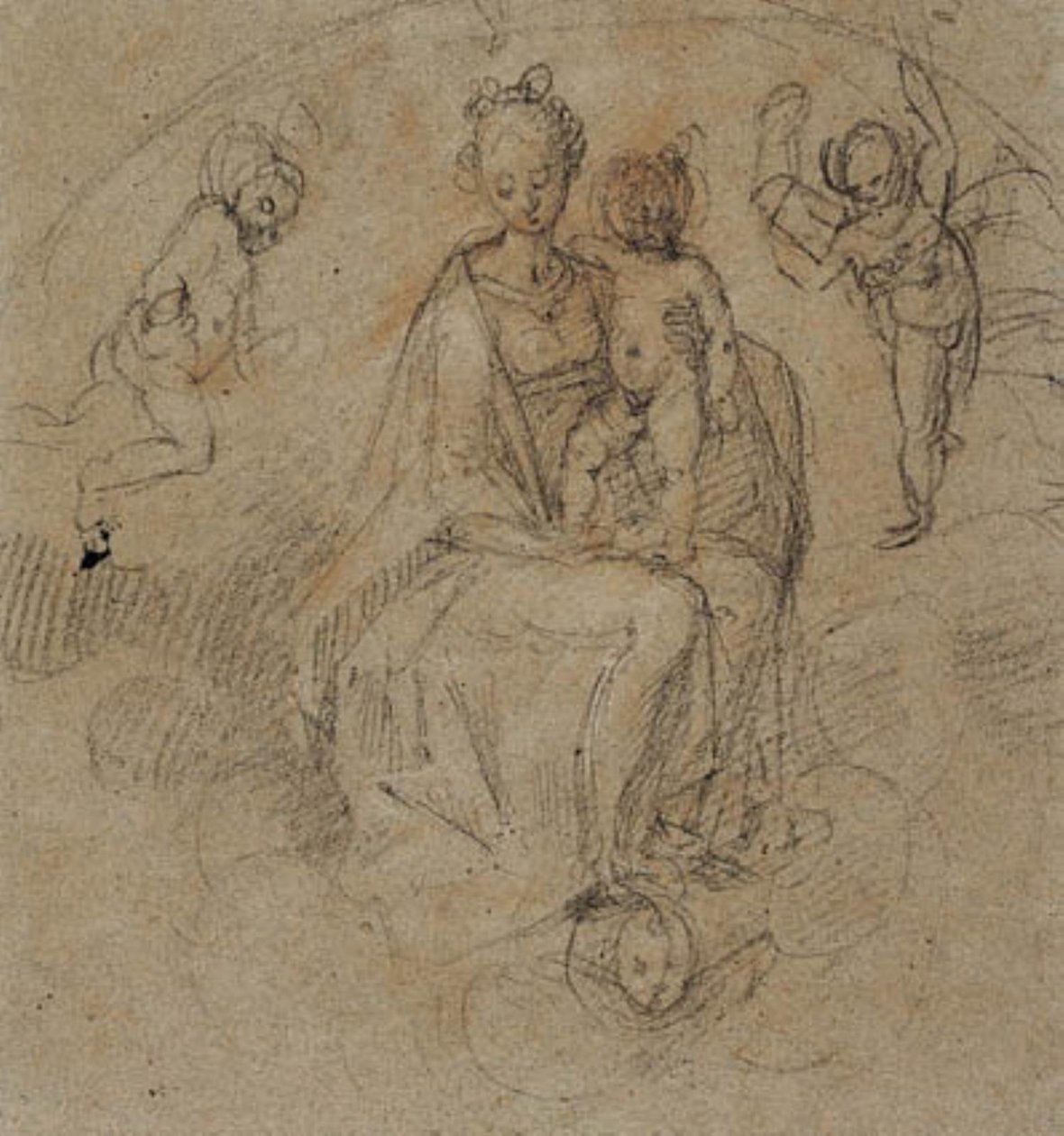 Madonna en kind in de wolken geflankeerd door twee putti door Antonio Cimatori