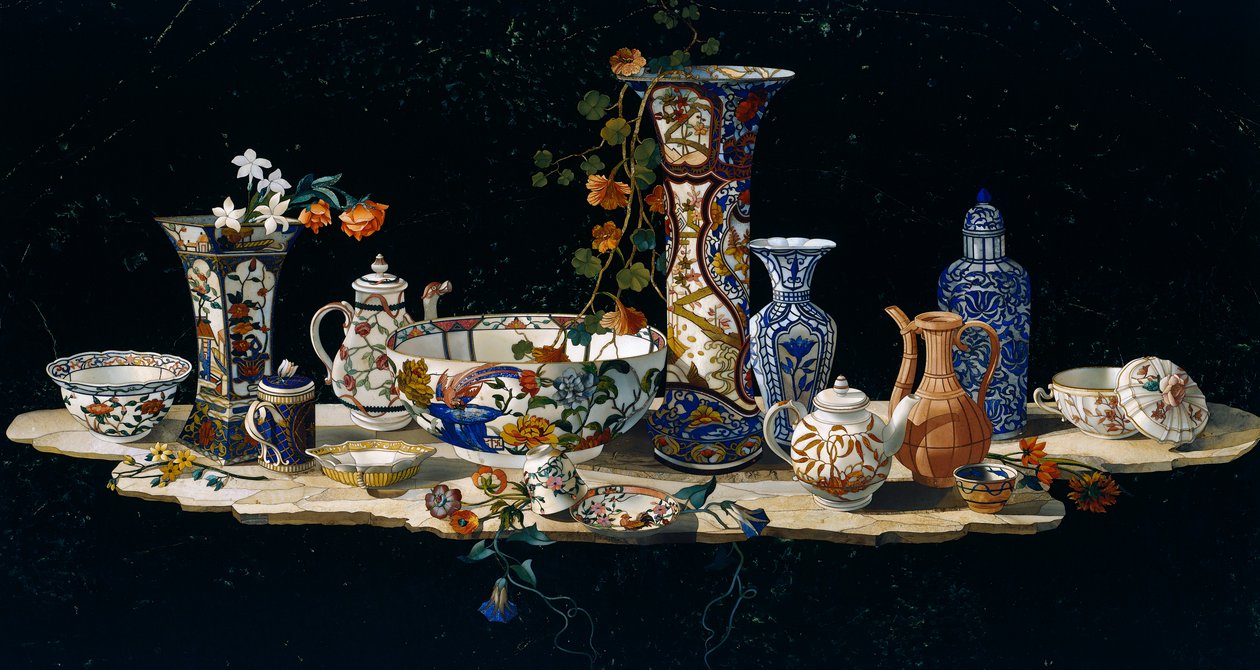 Tafelblad met porseleinen vazen door Antonio Cioci or Ciocchi