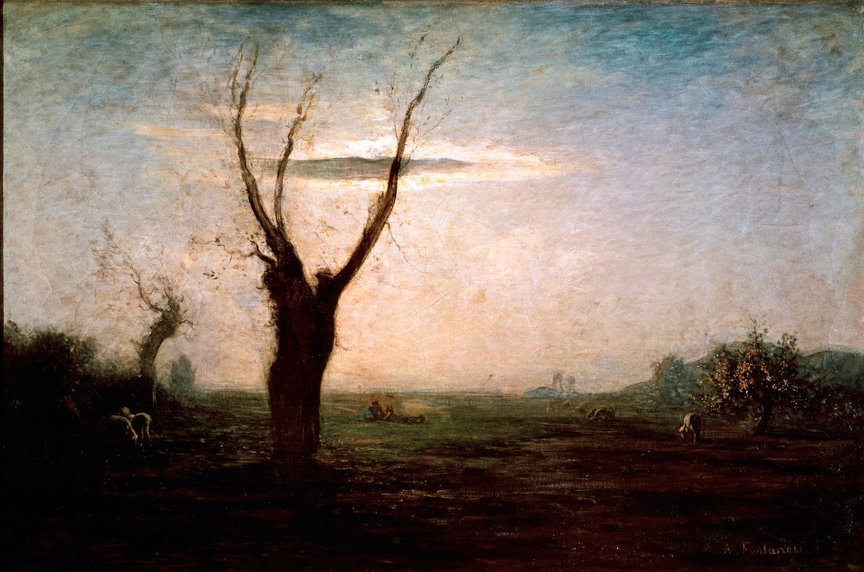 April Landschap van laat winter met een boom nog zonder bladeren door Antonio Fontanesi
