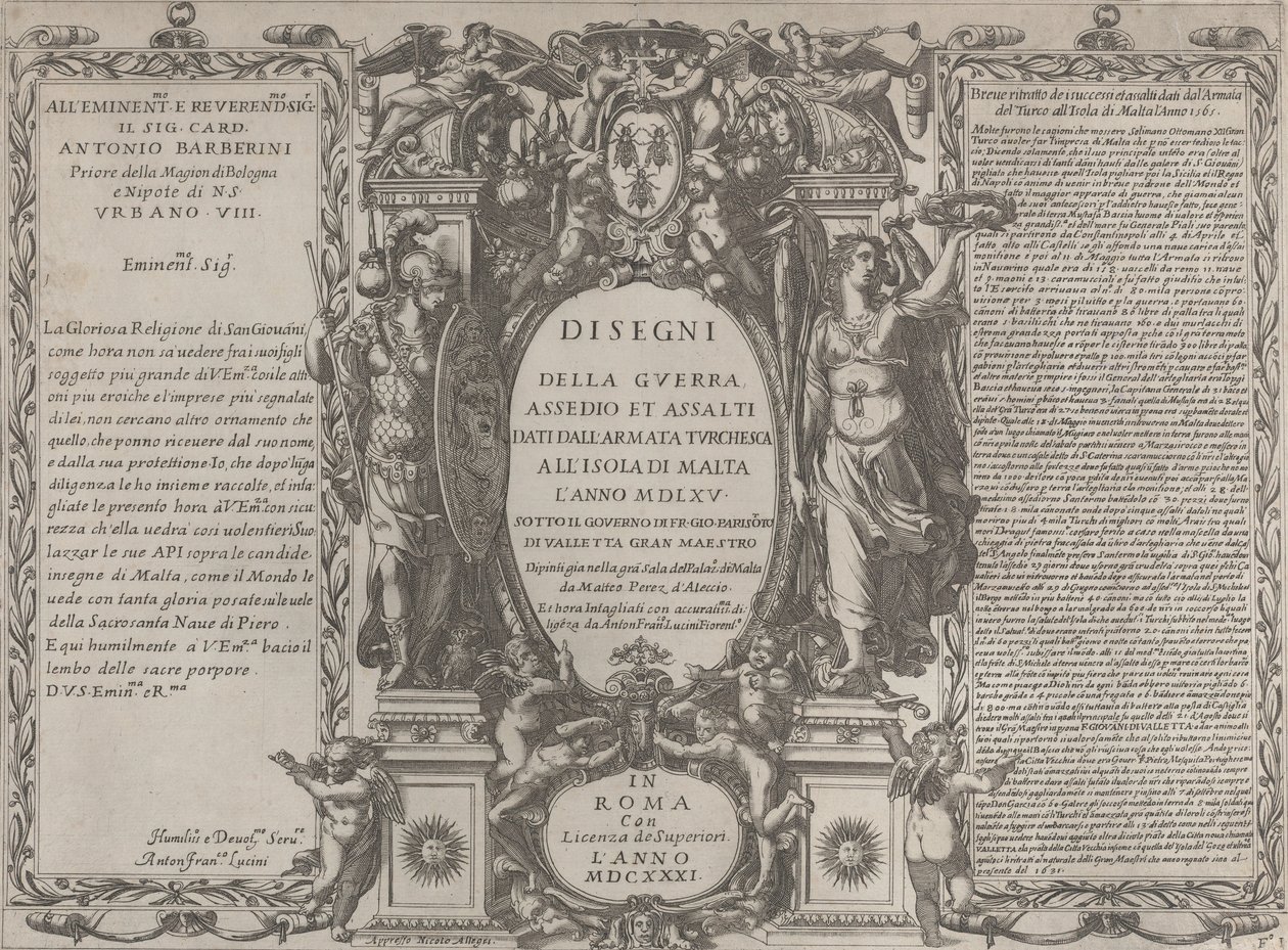 Frontispice voor Tekeningen van de oorlog, belegering en aanval van het Turkse leger op het eiland..., 1631 door Antonio Francesco Lucini