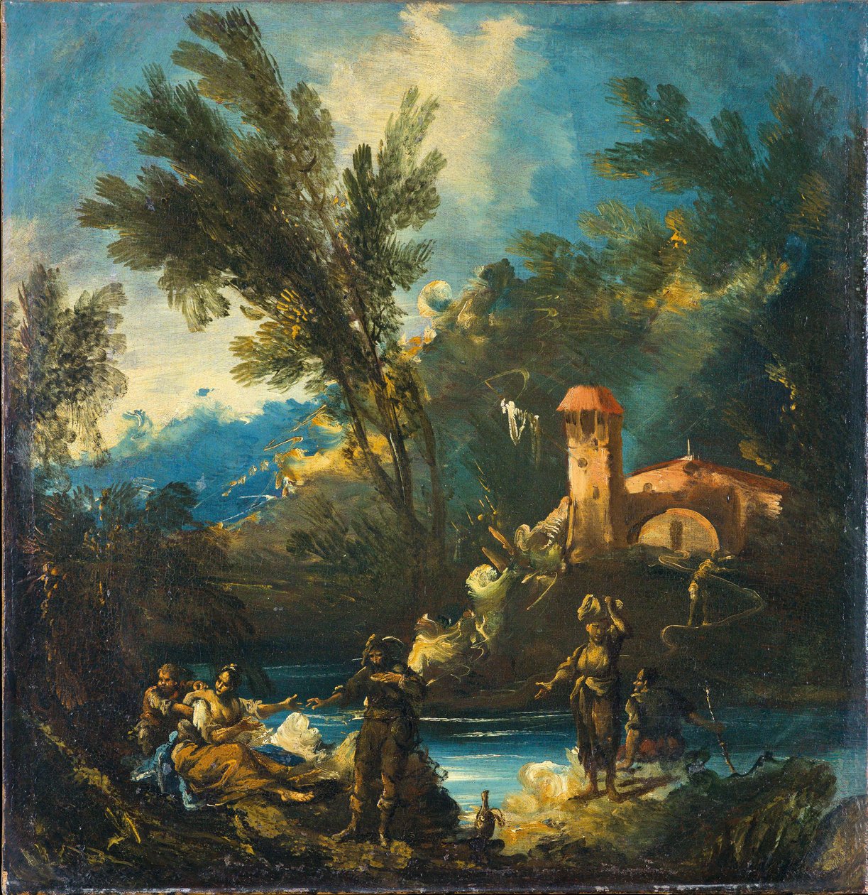 Een bebost rivierlandschap met figuren door Antonio Francesco Peruzzini
