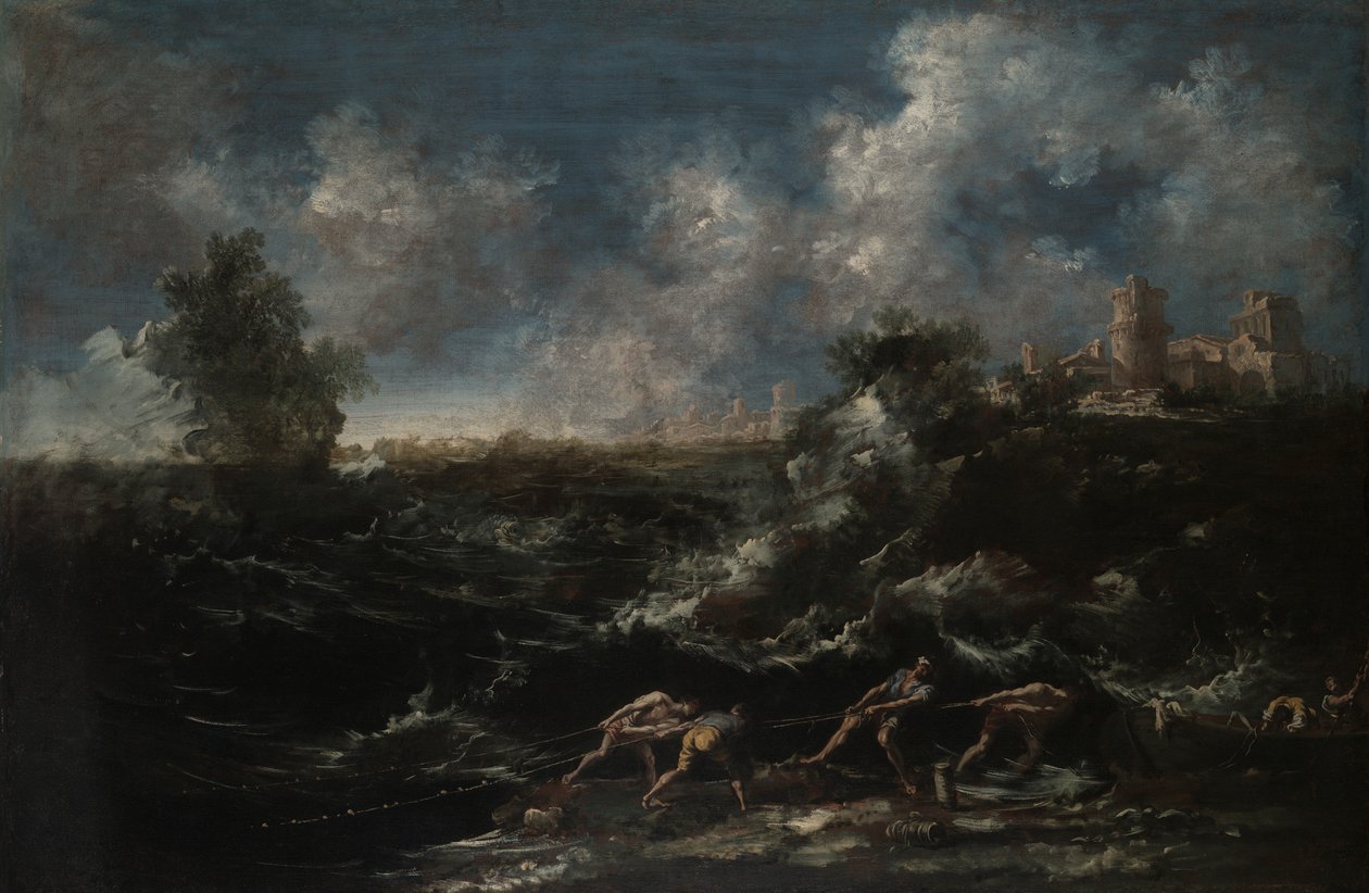 Zeegezicht met Visser die Netten Binnenhaalt door Antonio Francesco Peruzzini