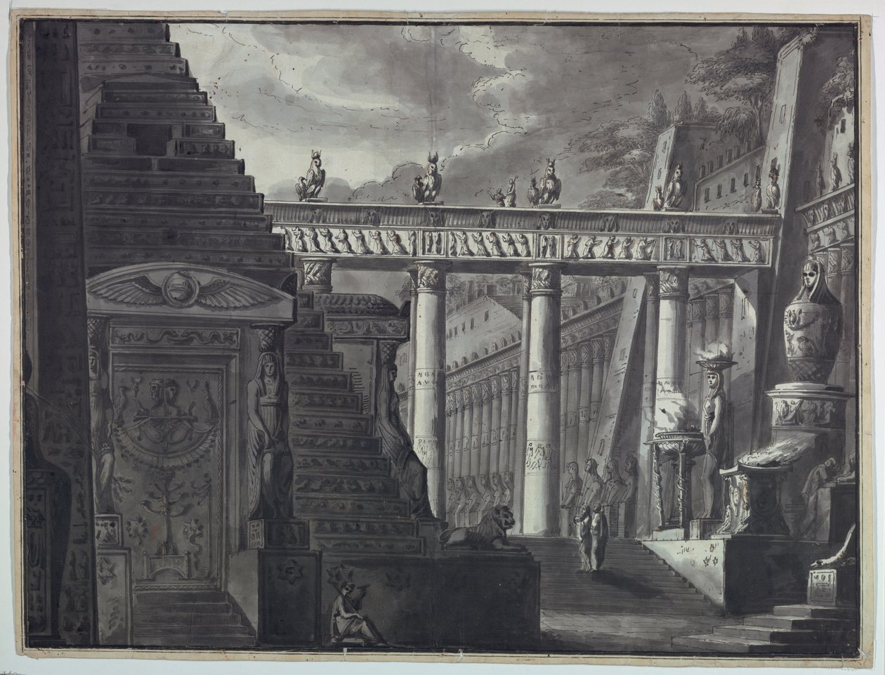 Toneelontwerp, Binnenplaats van een Egyptische Tempel door Antonio Giuseppe Basoli