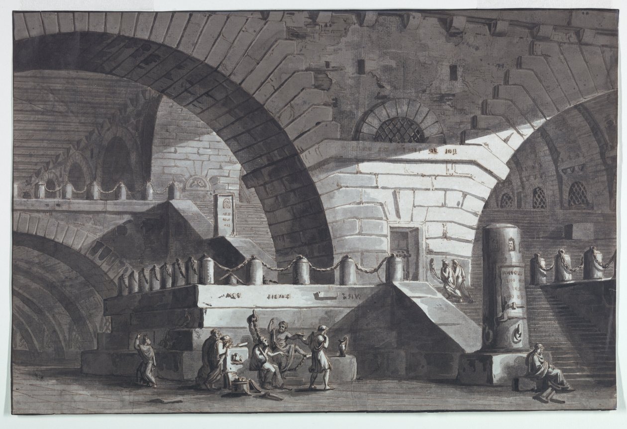 Toneelontwerp, gevangenisinterieur met de dood van Socrates door Antonio Giuseppe Basoli