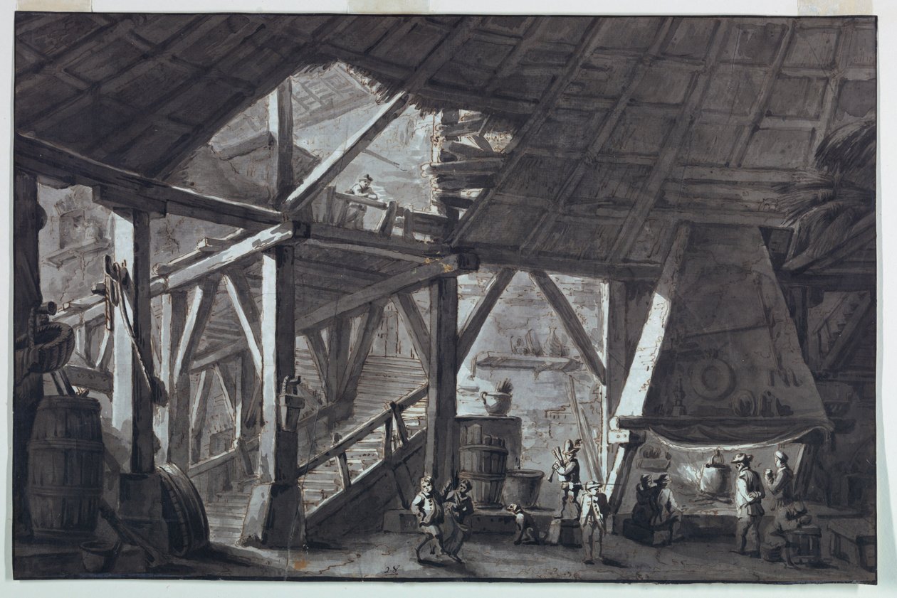 Toneelontwerp, Interieur van een Vernield Boerderijgebouw door Antonio Giuseppe Basoli