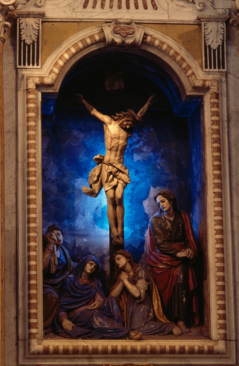 Kruisiging, door Anton Maria Maragliano (1664-1739), Kruiskapel, Heiligdom van Onze-Lieve-Vrouw van Acquasanta, Acquasanta, Genua, Ligurië, Italië door Antonio Maria Maragliano