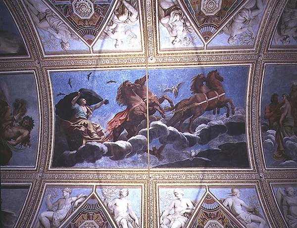 De personificatie van de nacht die door de lucht rijdt in een wagen, plafondschildering door Antonio Maria Viani