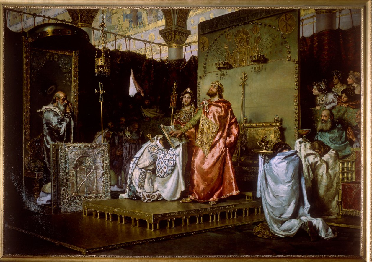 Bekering van Reccared tot het katholicisme op het Derde Concilie van Toledo door Antonio Munoz Degrain