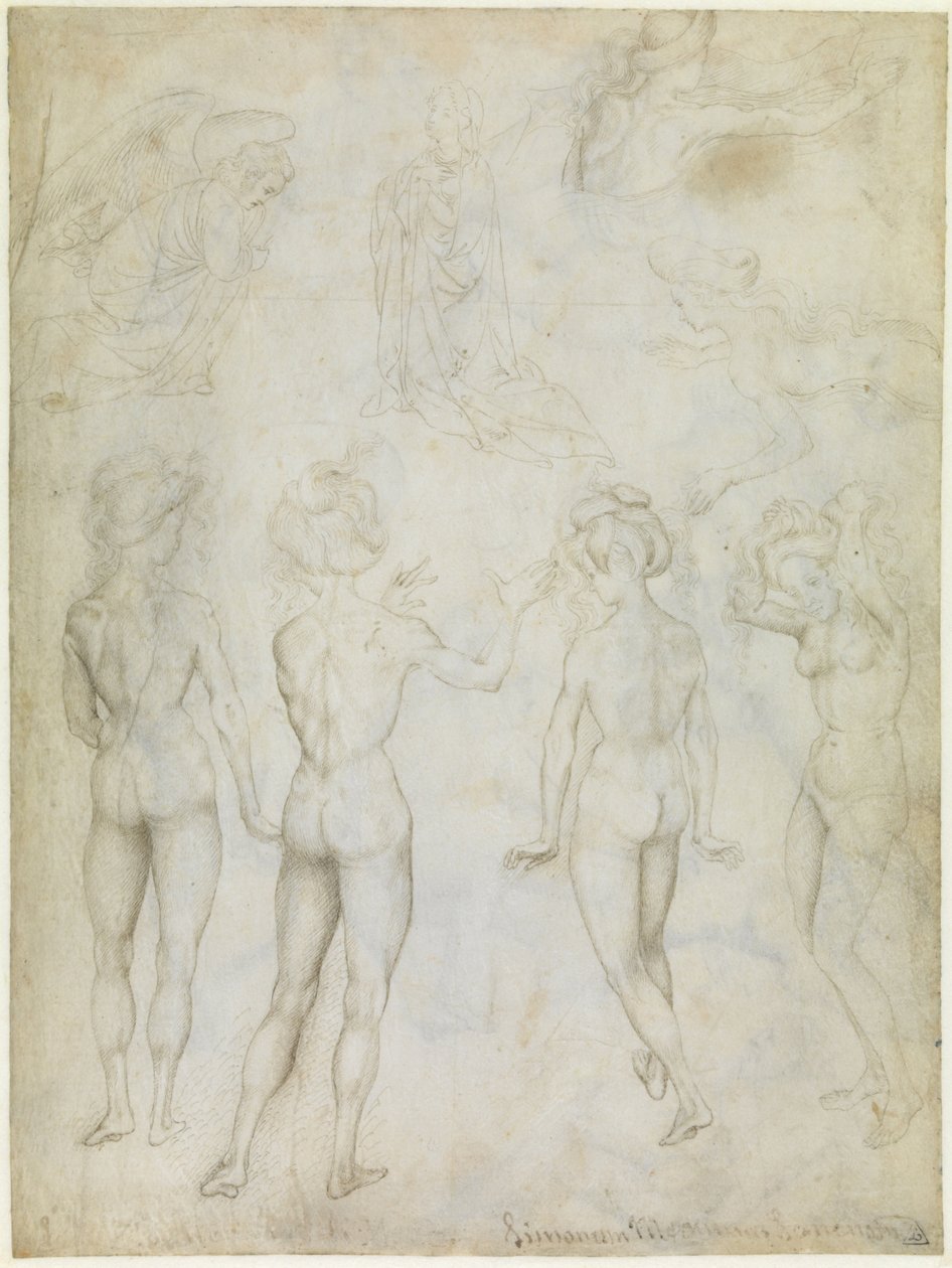 Vier studies van een vrouwelijke naakt, een annunciatie en twee studies van een vrouw die zwemt door Antonio Pisanello