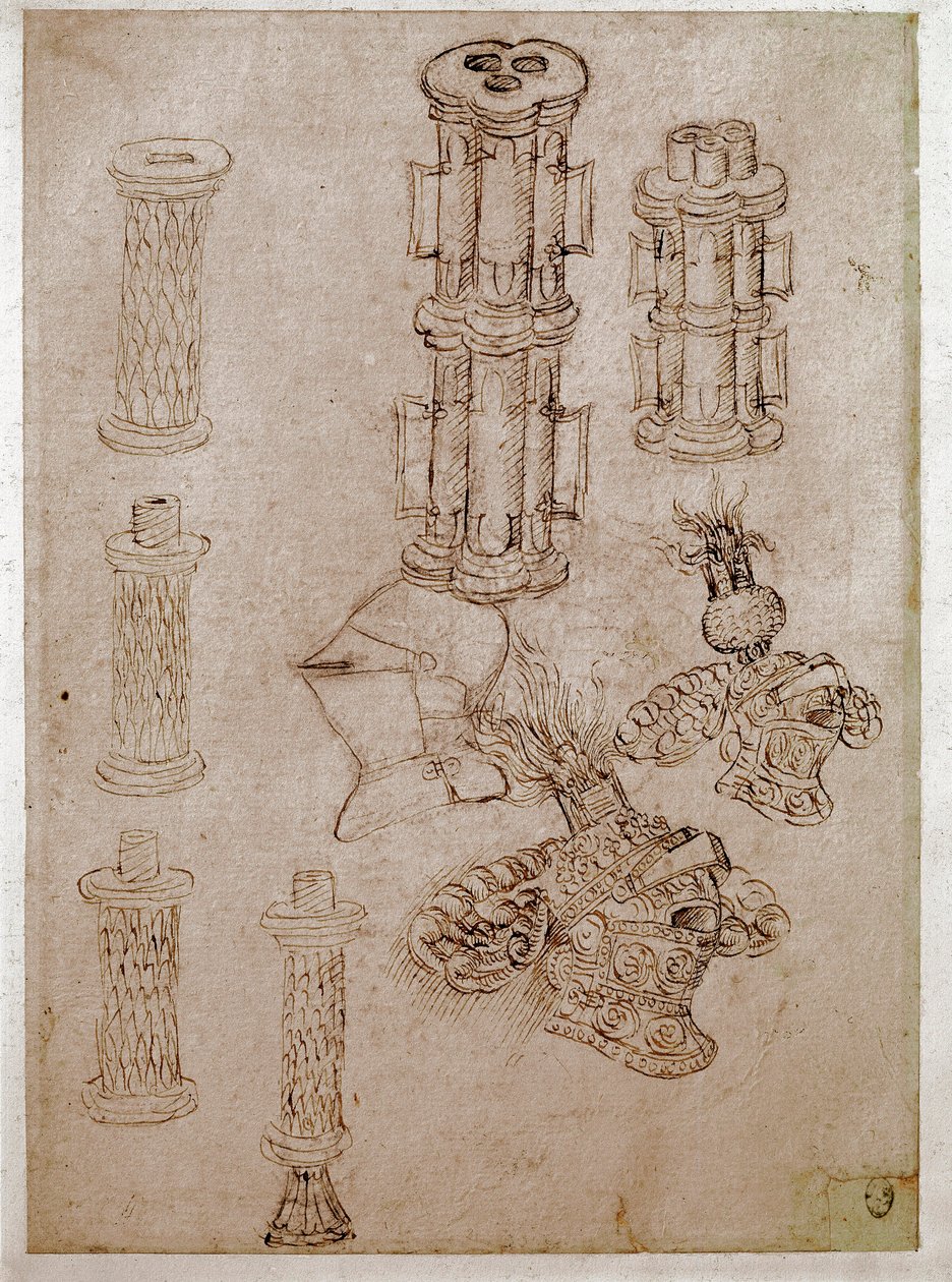 Drie helmen met kammen en twee stukken kanonnen. Tekening door Antonio di Puccio Pisano, genaamd Pisanello door Antonio Pisanello