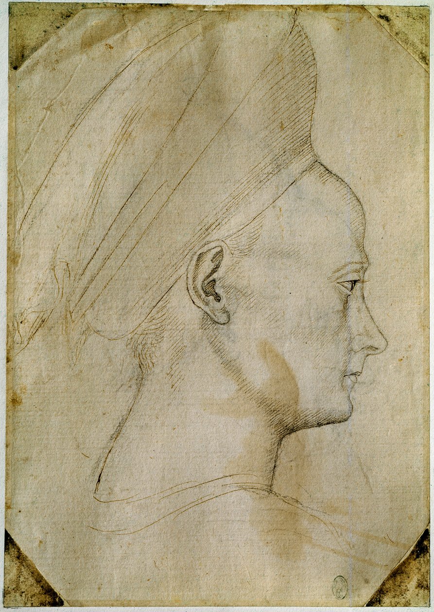 Hoofd van een jonge vrouw, in profiel naar rechts. Tekening uit het atelier van Antonio di Puccio Pisano, genaamd Pisanello door Antonio Pisanello