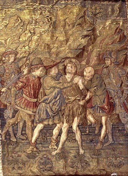 De arrestatie van St. Johannes de Doper, wandtapijt met scènes uit het leven van de heilige door Antonio Pollaiuolo