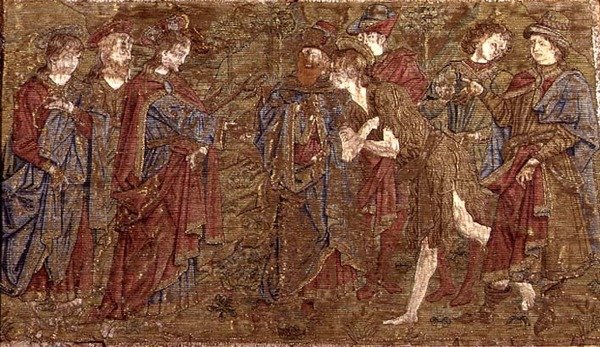 De ontmoeting tussen St. Johannes de Doper en Christus, wandtapijt met scènes uit het leven van de heilige door Antonio Pollaiuolo