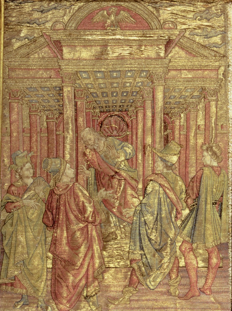 Zacharias Verlaat de Tempel, wandtapijt met scènes uit het leven van St. Johannes de Doper door Antonio Pollaiuolo