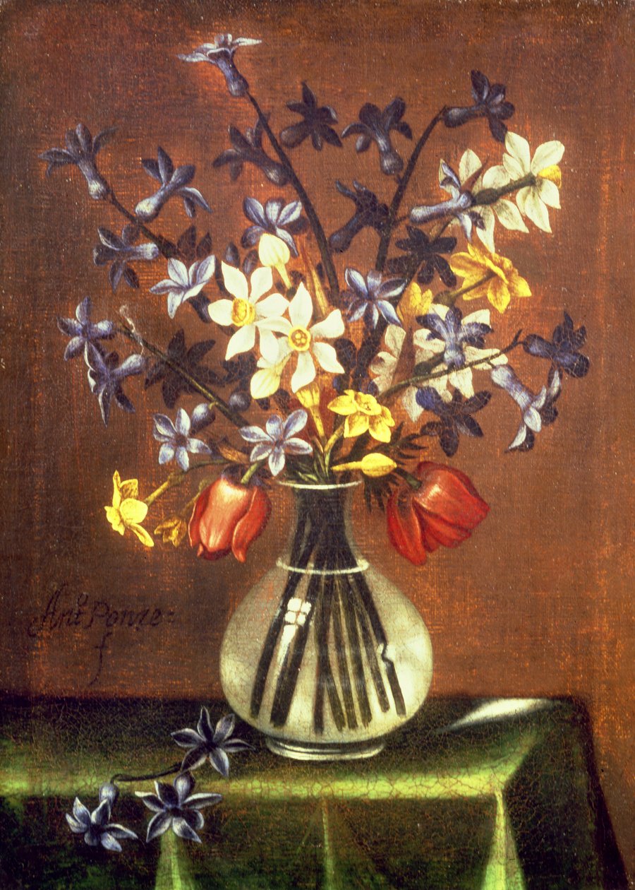 Stilleven van bloemen waaronder hyacint, tulpen en fazantenoog door Antonio Ponce