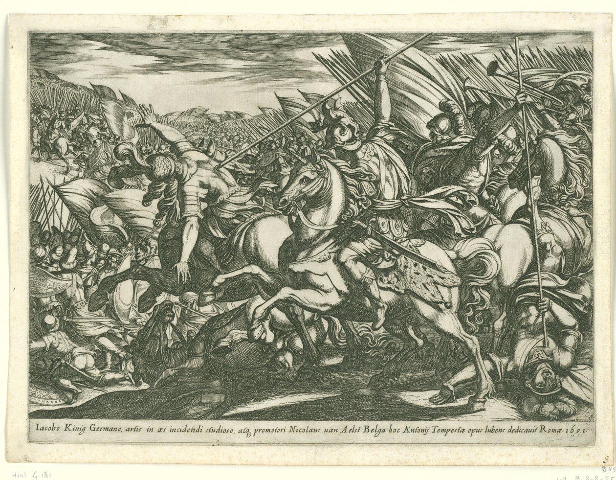 Aanval van de cavalerie met twee door speren doorboorde mannen. Gevechtsscènes (serie 3) (series title) door Antonio Tempesta