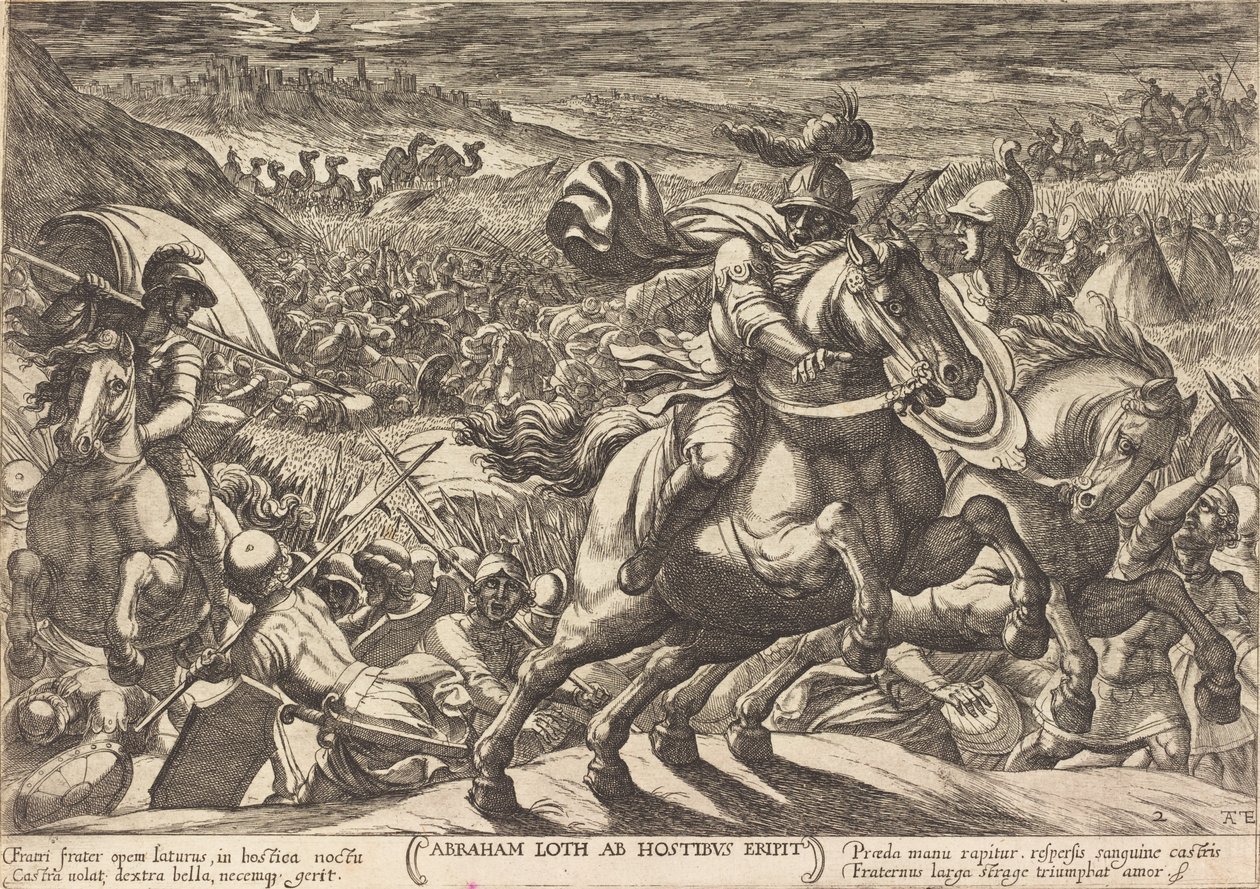 Abraham verjaagt de vijanden die zijn neef vasthouden door Antonio Tempesta
