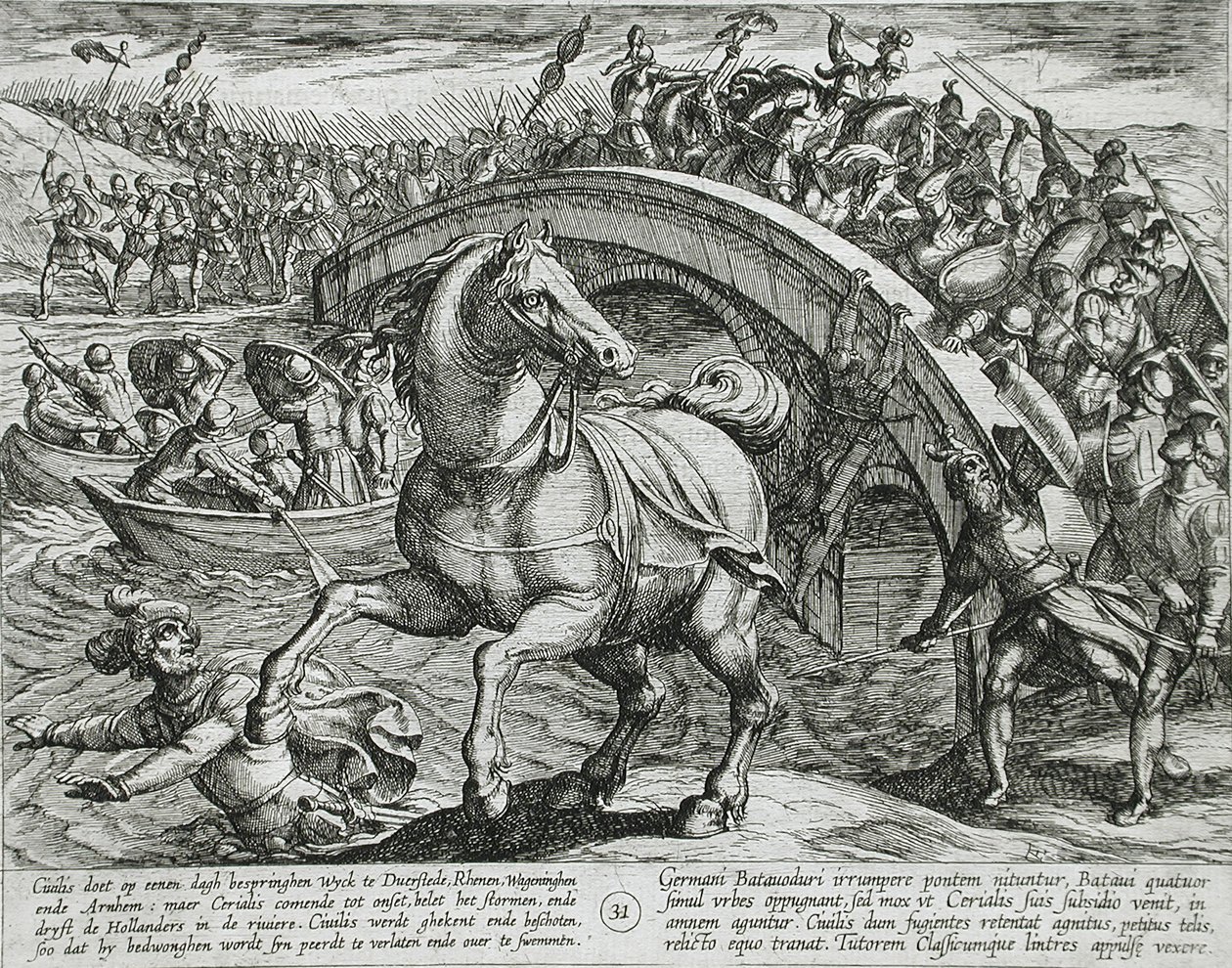 Civilis gedwongen af te stijgen en de rivier over te zwemmen door Antonio Tempesta