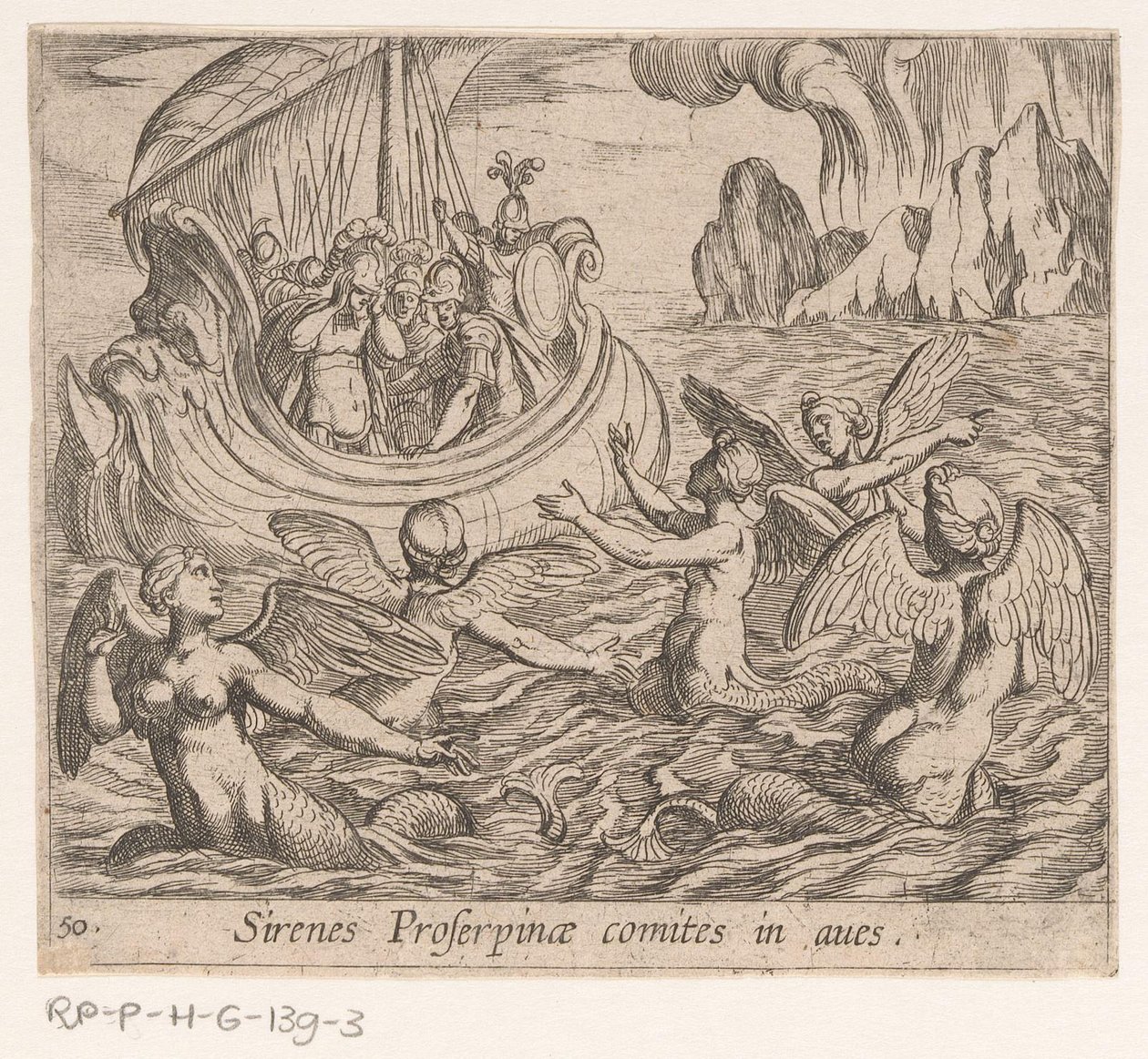 De sirenen Sirenes Proserpinae comites in aves (titel op object) Metamorfosen van Ovidius (serie titel) door Antonio Tempesta
