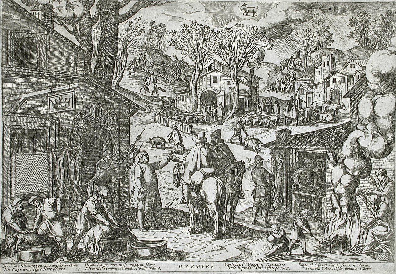 December: Dorpsgezicht met herberg door Antonio Tempesta