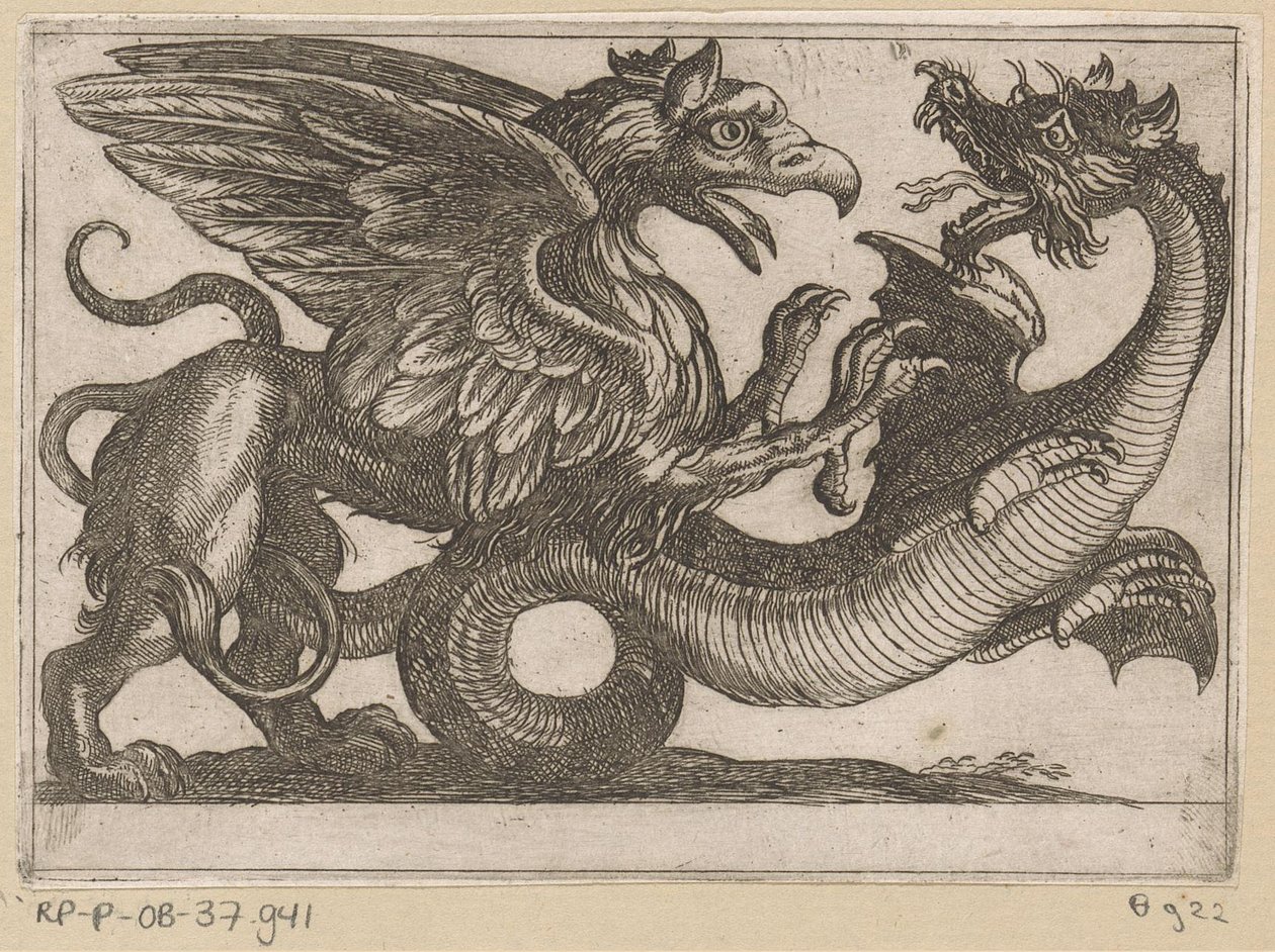Draak en griffioen in gevecht door Antonio Tempesta