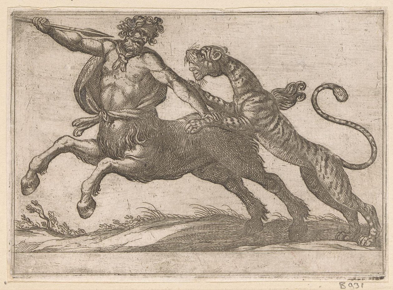 Een tijger vechtend met een centaur door Antonio Tempesta