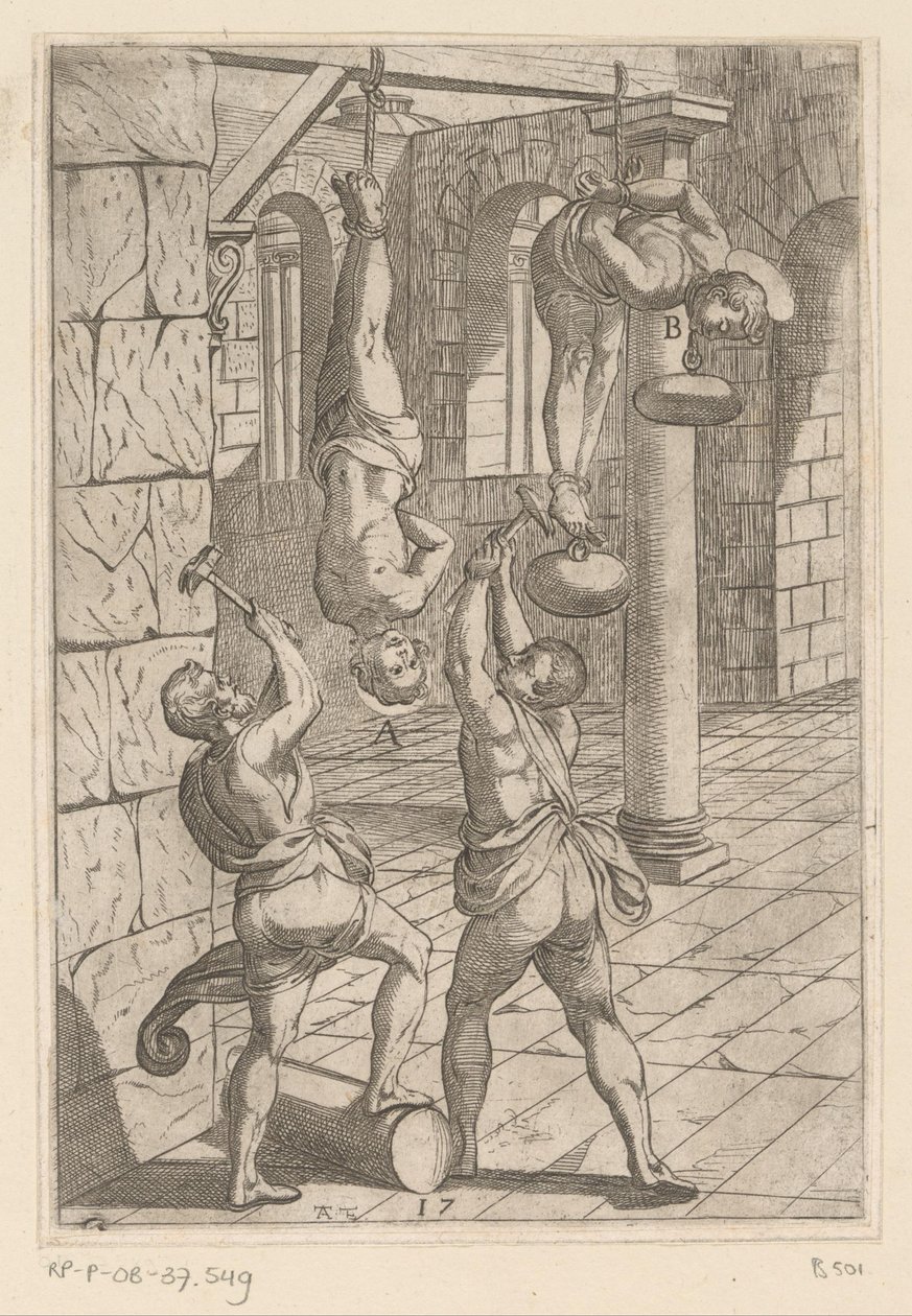 Foltering met hamers terwijl hangend (Martelingen ondergaan door christelijke martelaars, Varia tormentorum et suppliciorum crudelium) door Antonio Tempesta