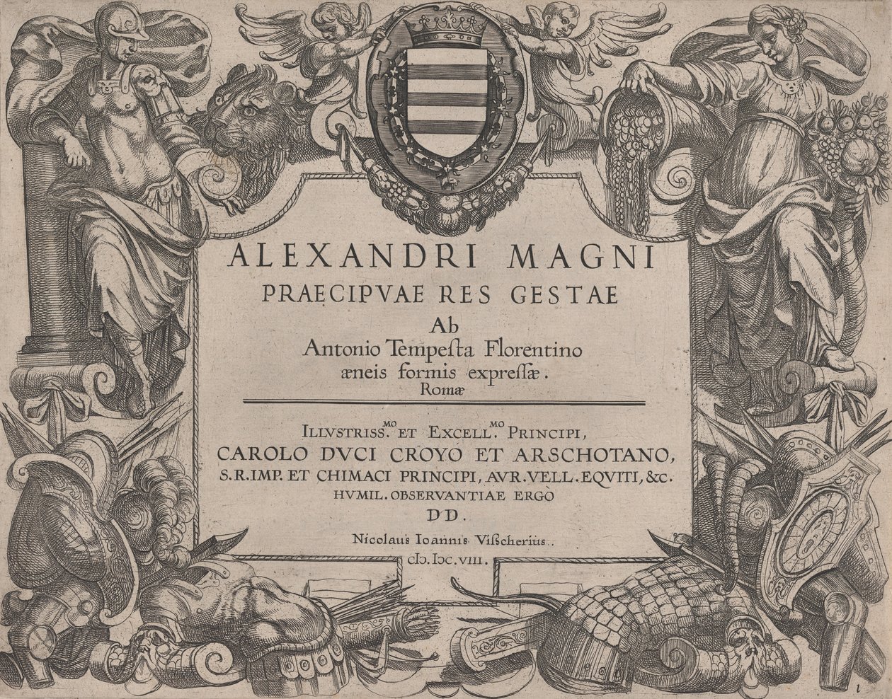 Frontispice van het leven van Alexander de Grote, links is Bellona en rechts een vrouwelijk figuur..., 1608 door Antonio Tempesta
