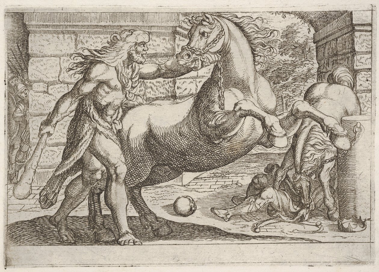 Hercules en de merries van Diomedes: Hercules grijpt het hoofdstel van een steigerend paard door Antonio Tempesta