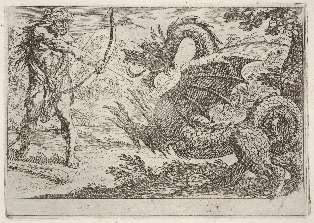 Hercules en de slang Ladon: Hercules spant zijn boog, de oprijzende slang verschijnt, 1608 door Antonio Tempesta