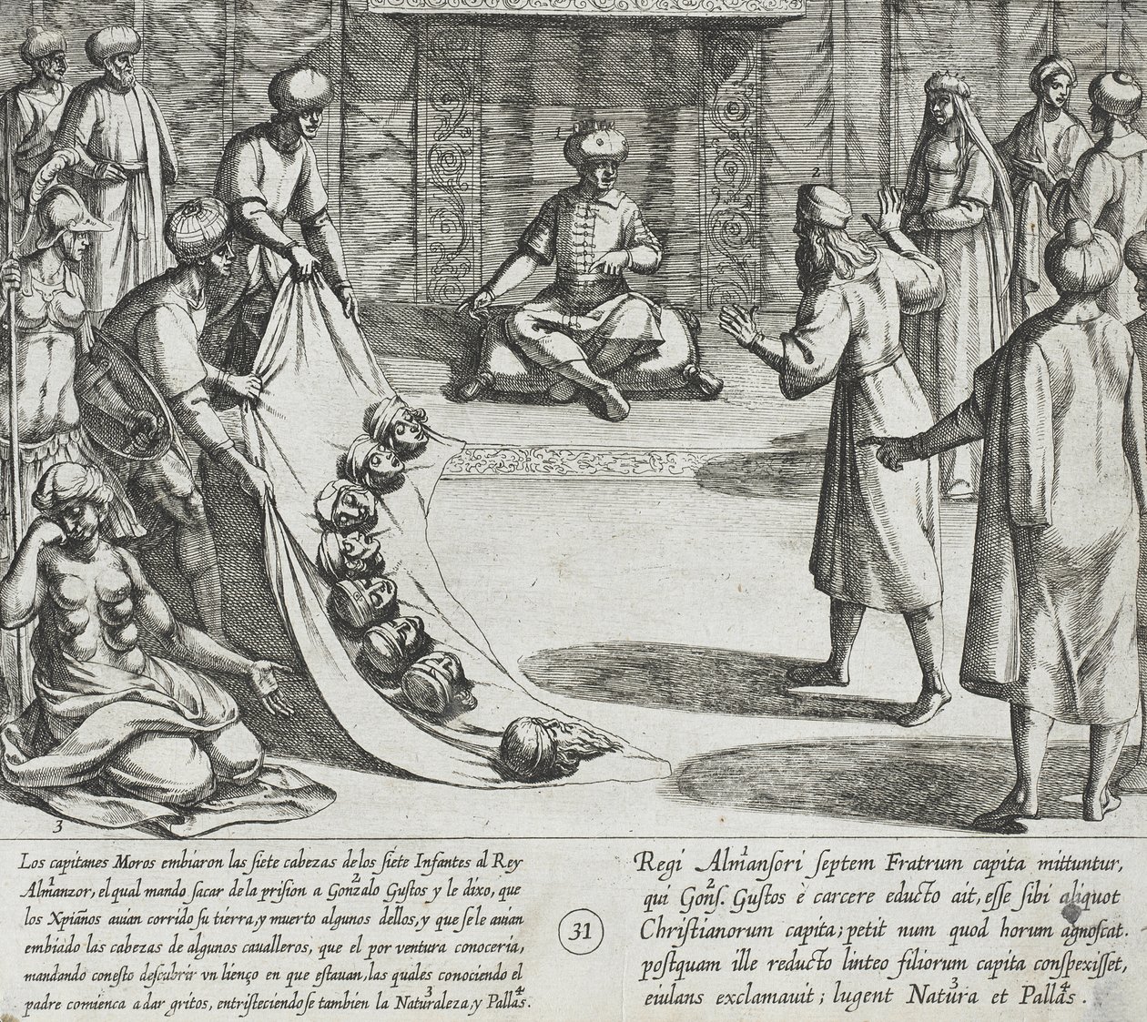 In de aanwezigheid van Almanzor herkent Gonzalo Gustos de afgehakte hoofden van zijn zonen door Antonio Tempesta