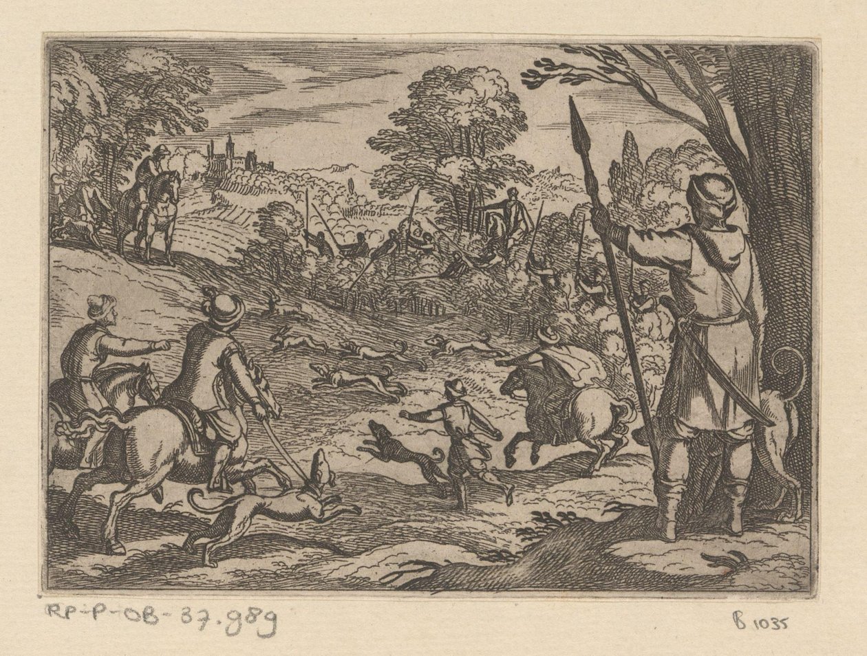 Jacht op konijnen met mannen die op konijnen jagen vanuit de struiken door Antonio Tempesta