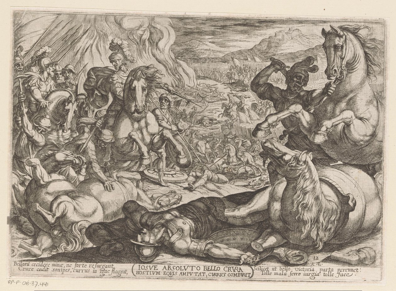Jozua verlamt de paarden en verbrandt de wagens der volken door Antonio Tempesta
