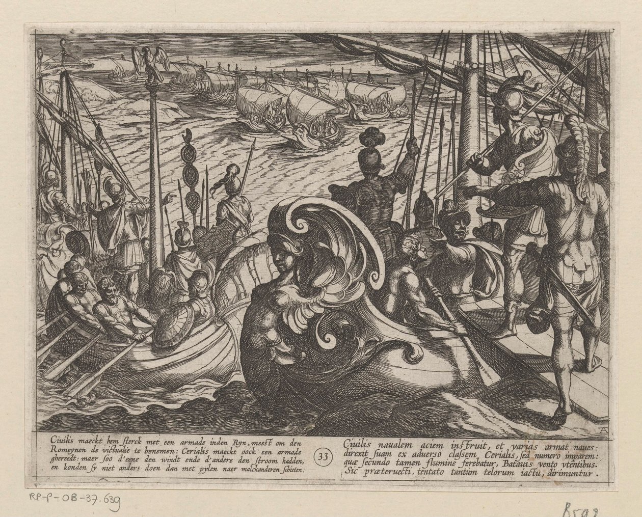 Nederlandse en Romeinse schepen op de Rijn door Antonio Tempesta