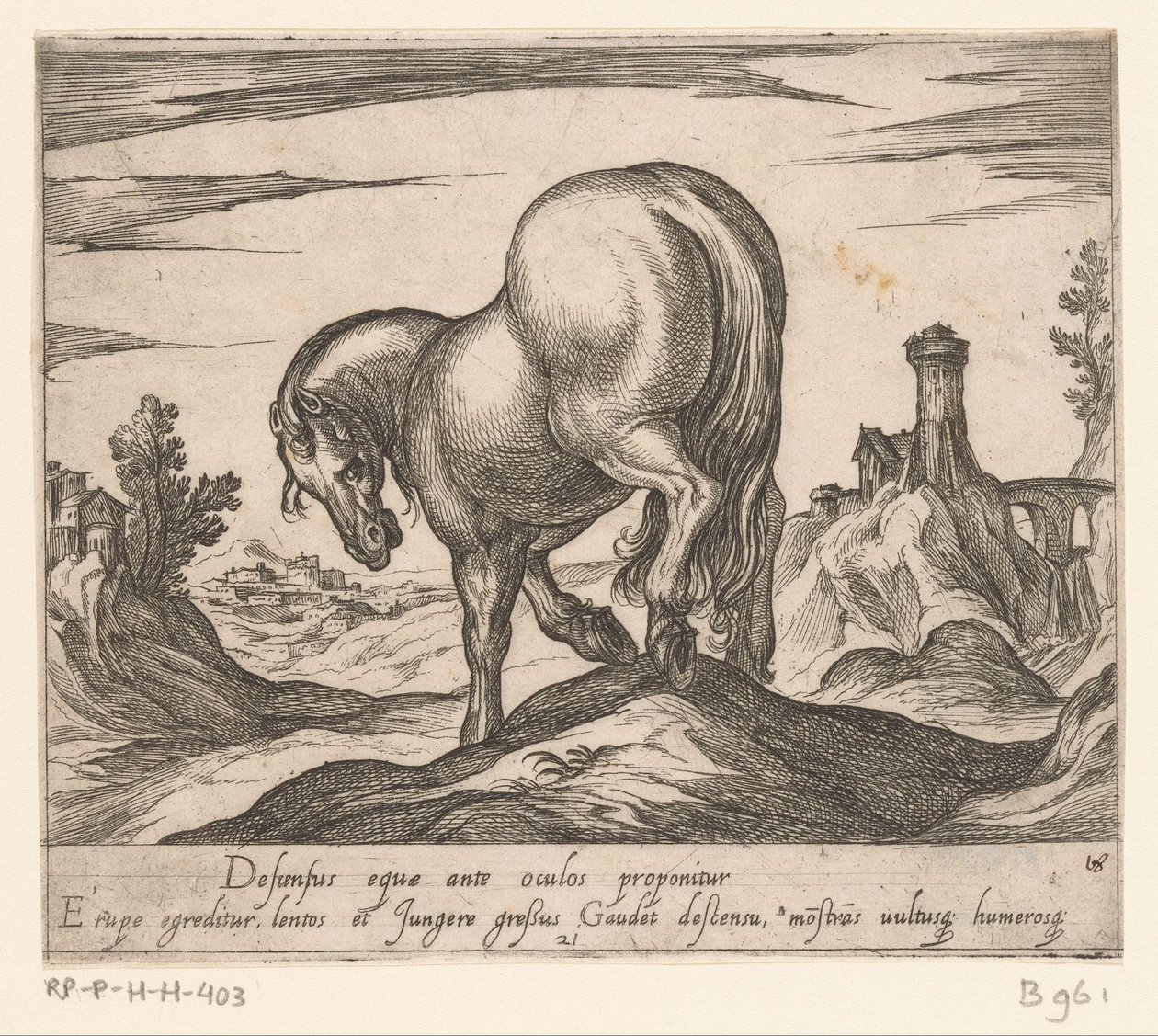 Paard een heuveltje aflopend van achteren gezien door Antonio Tempesta