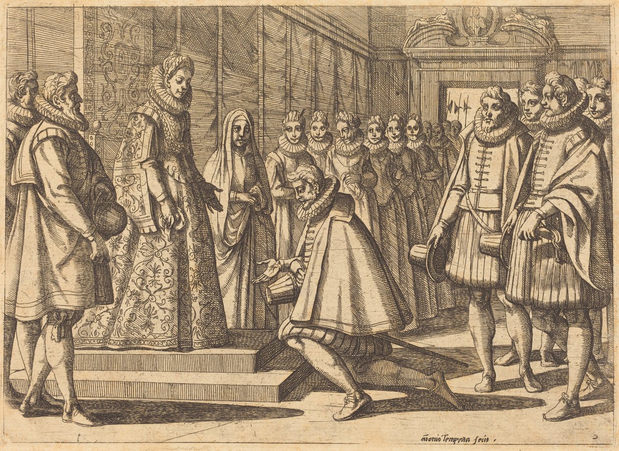 Filips van Spanje ten overstaan van Margaretha van Oostenrijk door Antonio Tempesta