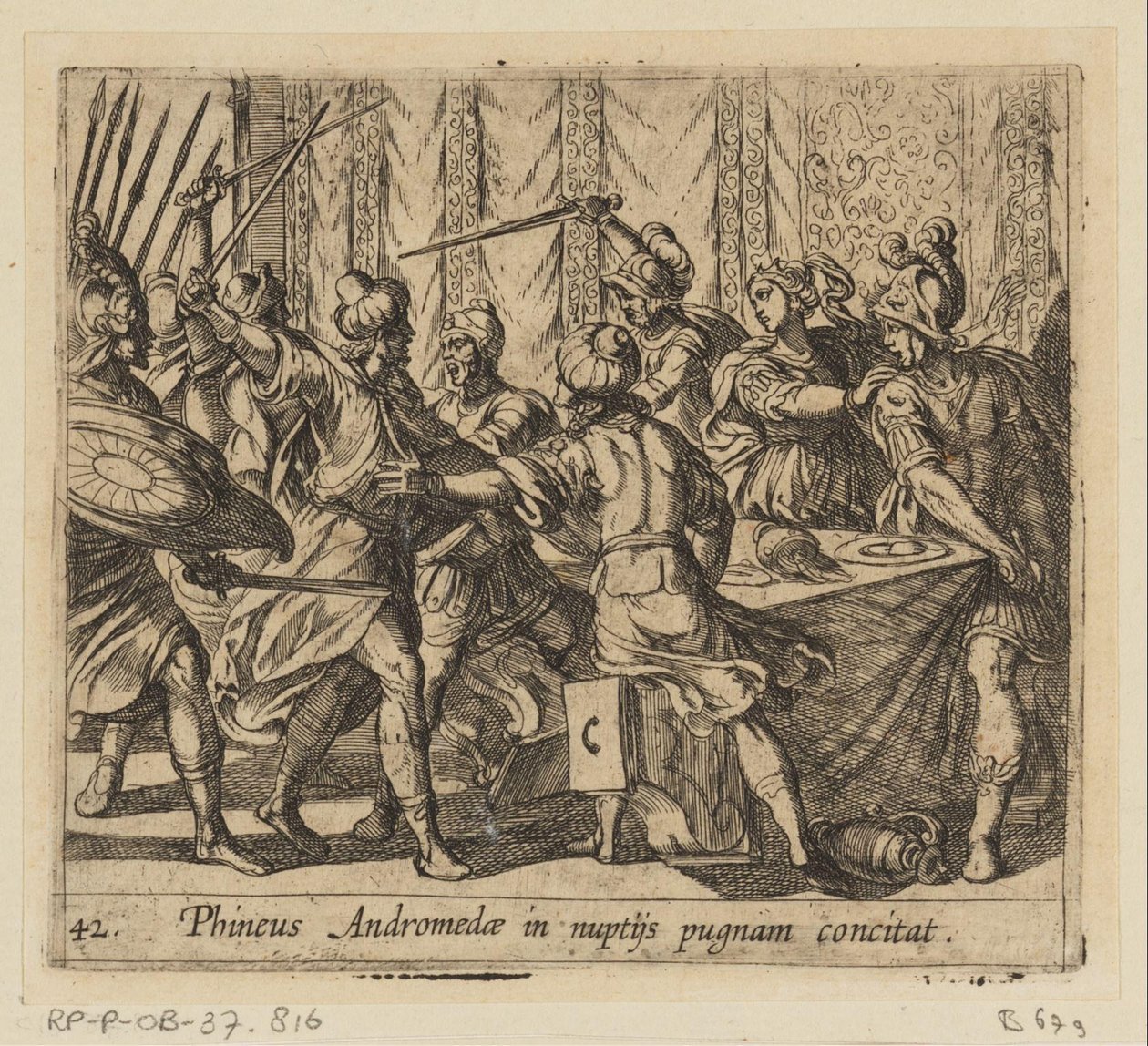 Phineus verstoort de bruiloft van Perseus en Andromeda door Antonio Tempesta