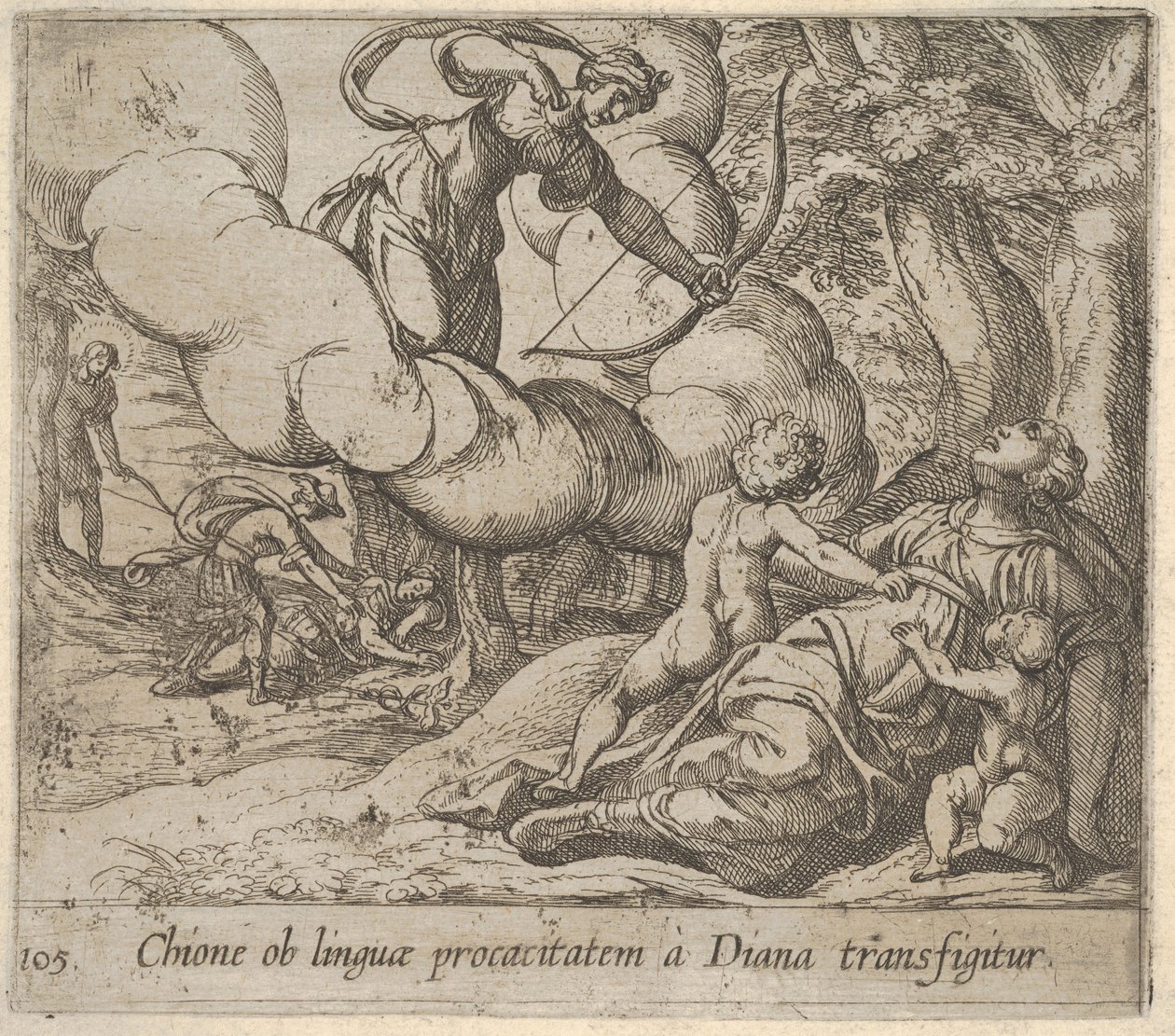 Plaat 105: Diana richt haar boog op Chione, die vergezeld wordt door twee kinderen, 1606 door Antonio Tempesta