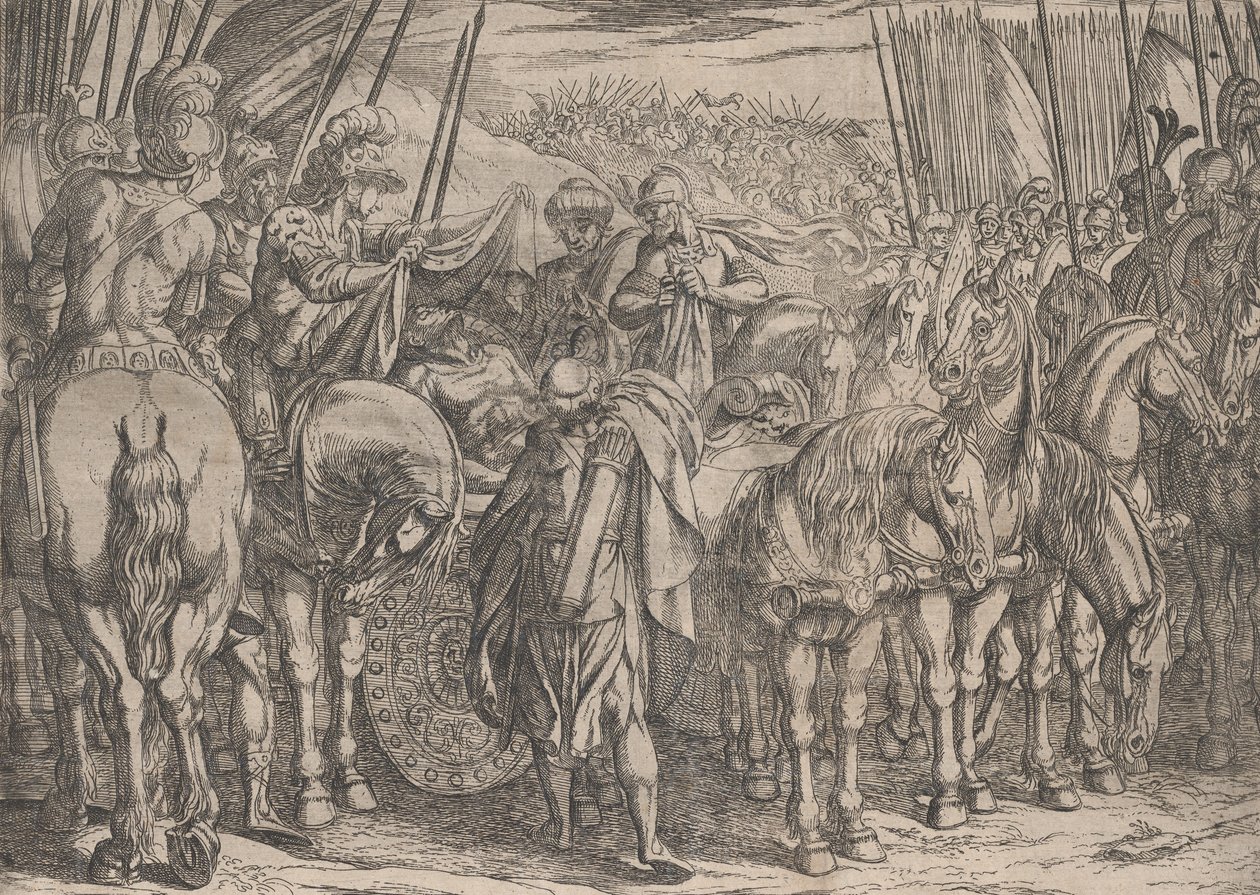 Plaat 10: Alexander vindt het lichaam van Darius, uit De daden van Alexander de Grote, 1608 door Antonio Tempesta
