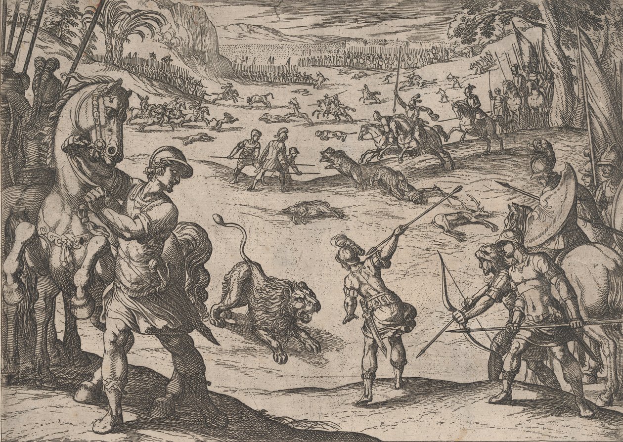 Plaat 11: Alexanders Leeuwenjacht, uit De Daden van Alexander de Grote, 1608 door Antonio Tempesta