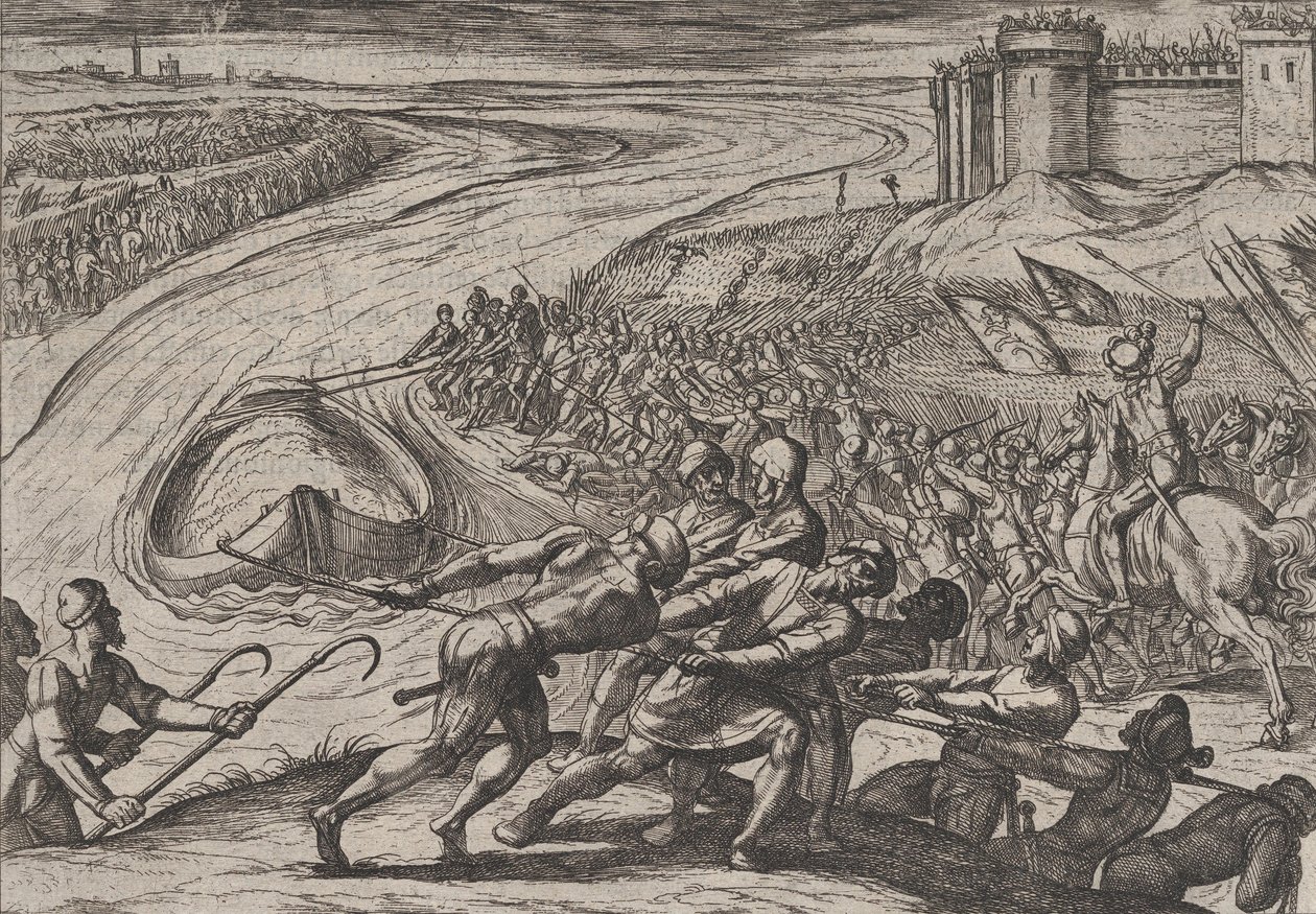 Plaat 12: Een vaartuig geladen met graan naar de kust trekken, uit De oorlog van de Romeinen tegen... door Antonio Tempesta