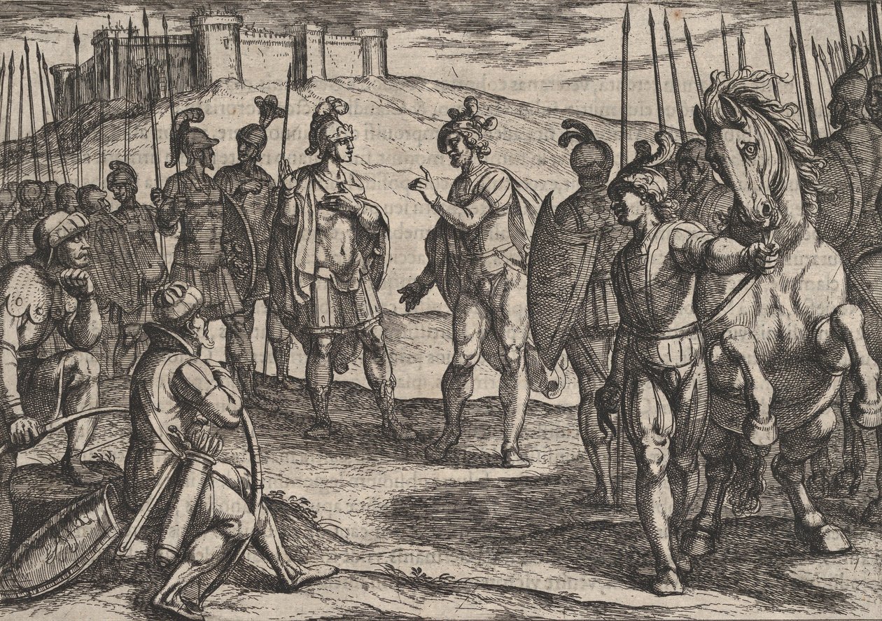 Plaat 15: Civilis onderhandelt met een Romeinse commandant, uit De oorlog van de Romeinen tegen de..., 1611 door Antonio Tempesta
