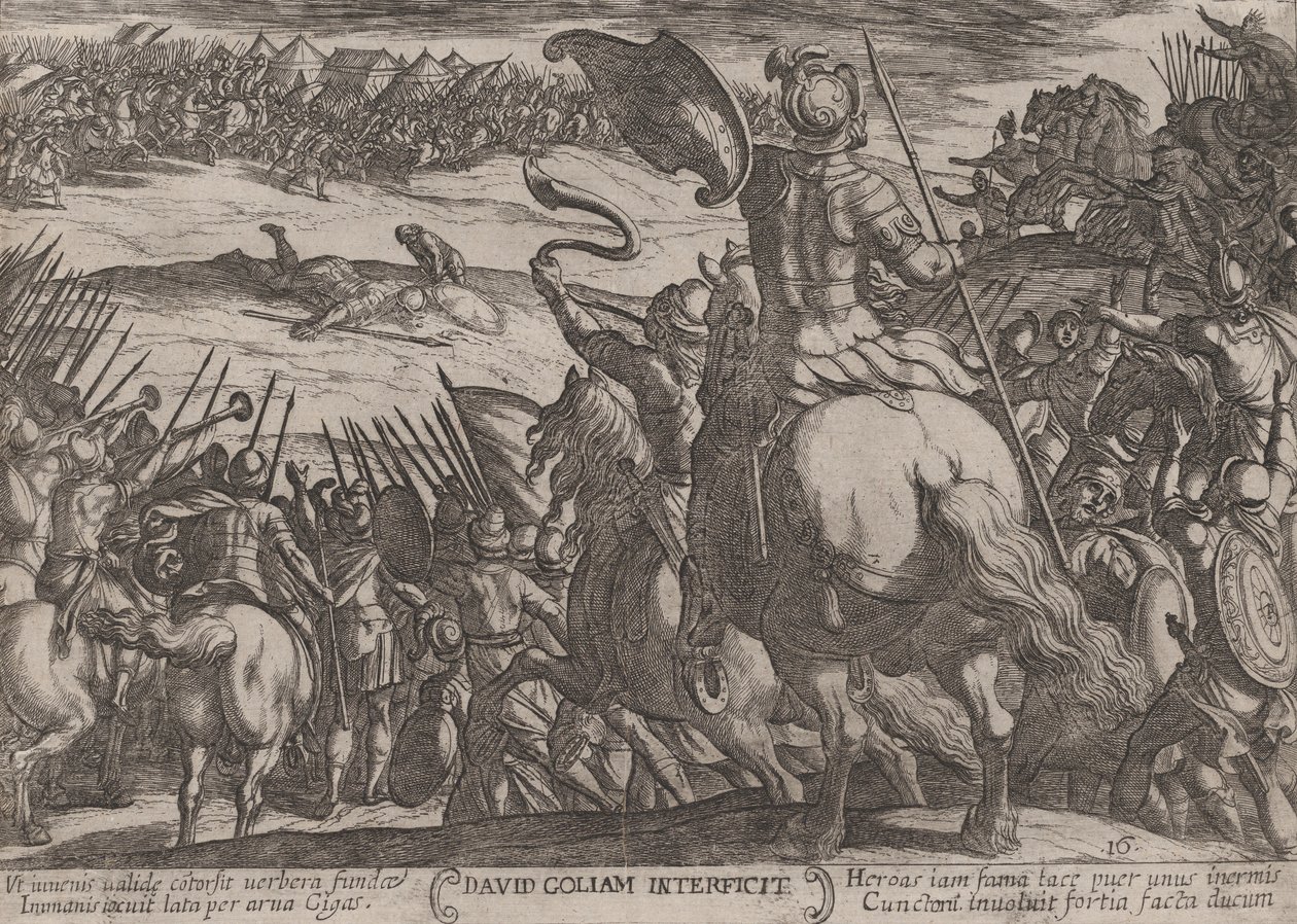 Plaat 16: David doodt Goliath, uit 