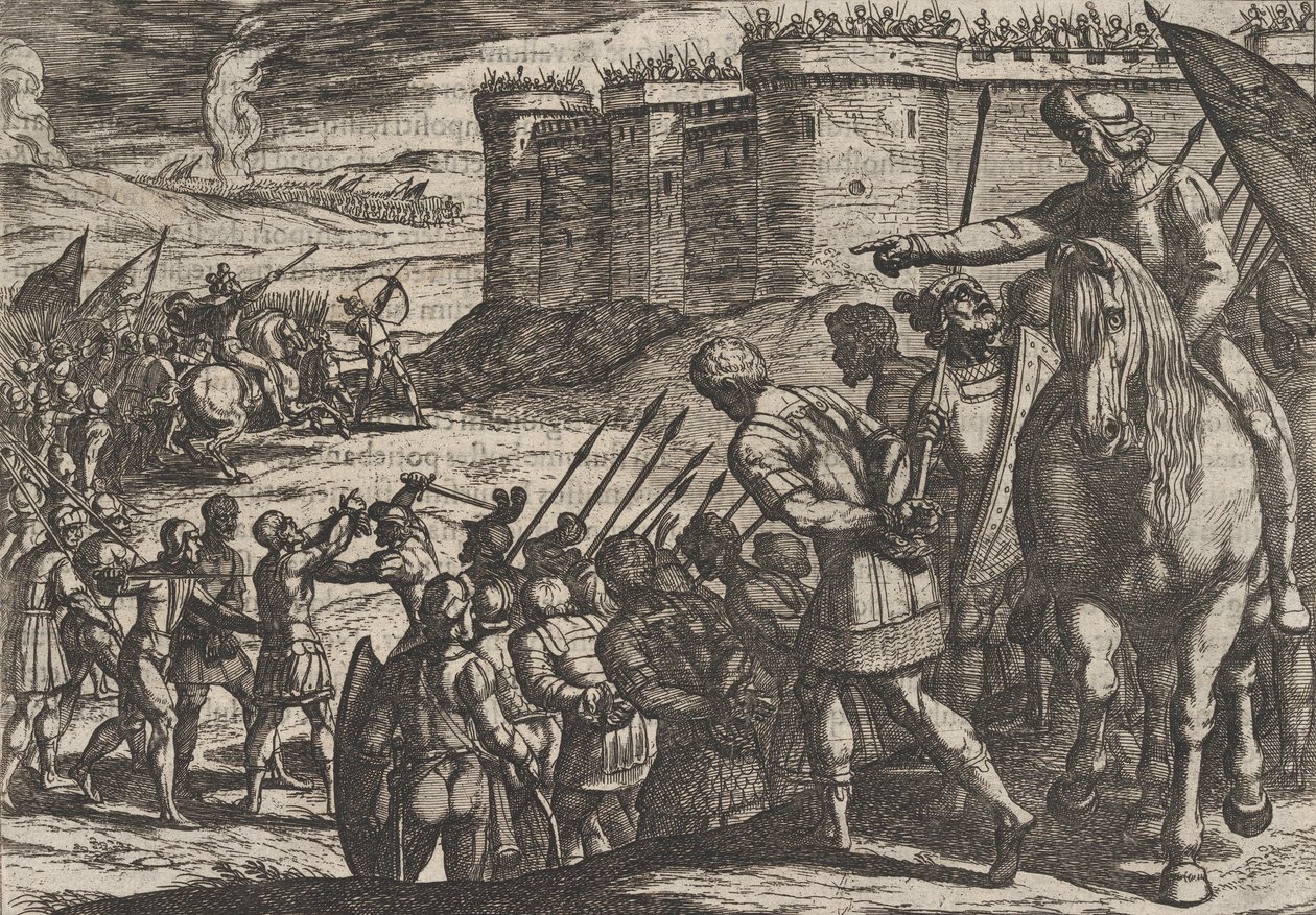Romeinse gevangenen voor het oude fort, uit De oorlog van de Romeinen tegen de B... door Antonio Tempesta