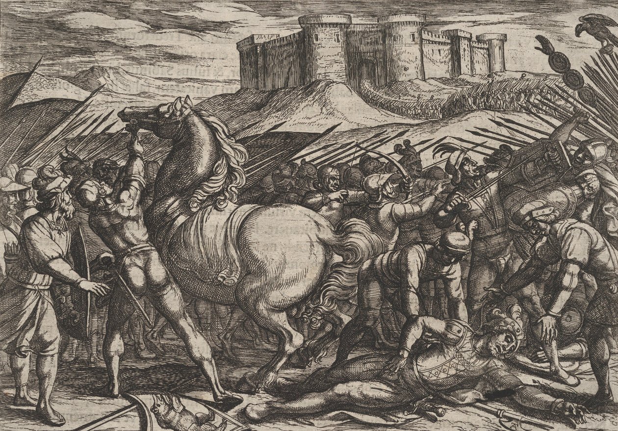 De Romeinen misleid door het paard van Civilis om te geloven dat hij dood of gewond was, 1611 door Antonio Tempesta