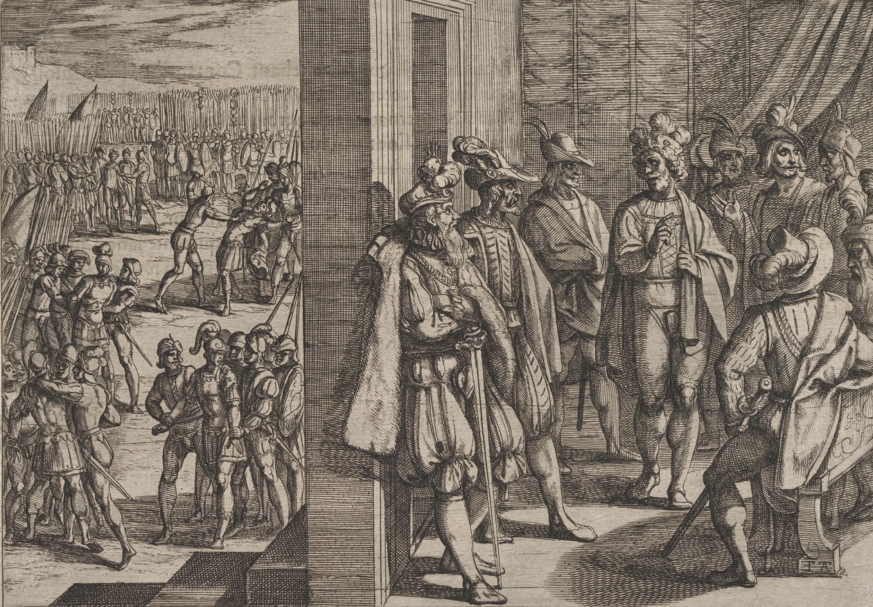 Plaat 18: Geheime bijeenkomst van Civilis met andere leiders uit Trier, uit De Oorlog van de Romeinen, 1611 door Antonio Tempesta