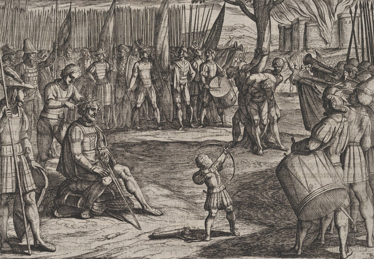 Blad 20: Civilis laat zijn haar knippen, uit De oorlog van de Romeinen tegen de Bataven, 1611 door Antonio Tempesta