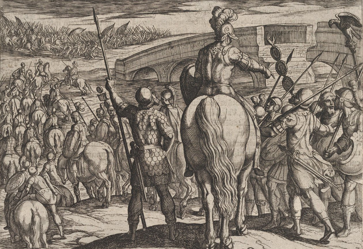 Plaat 24: De voorhoede van de nieuwe Romeinse troepen teruggedreven, uit De oorlog van de Romeinen door Antonio Tempesta