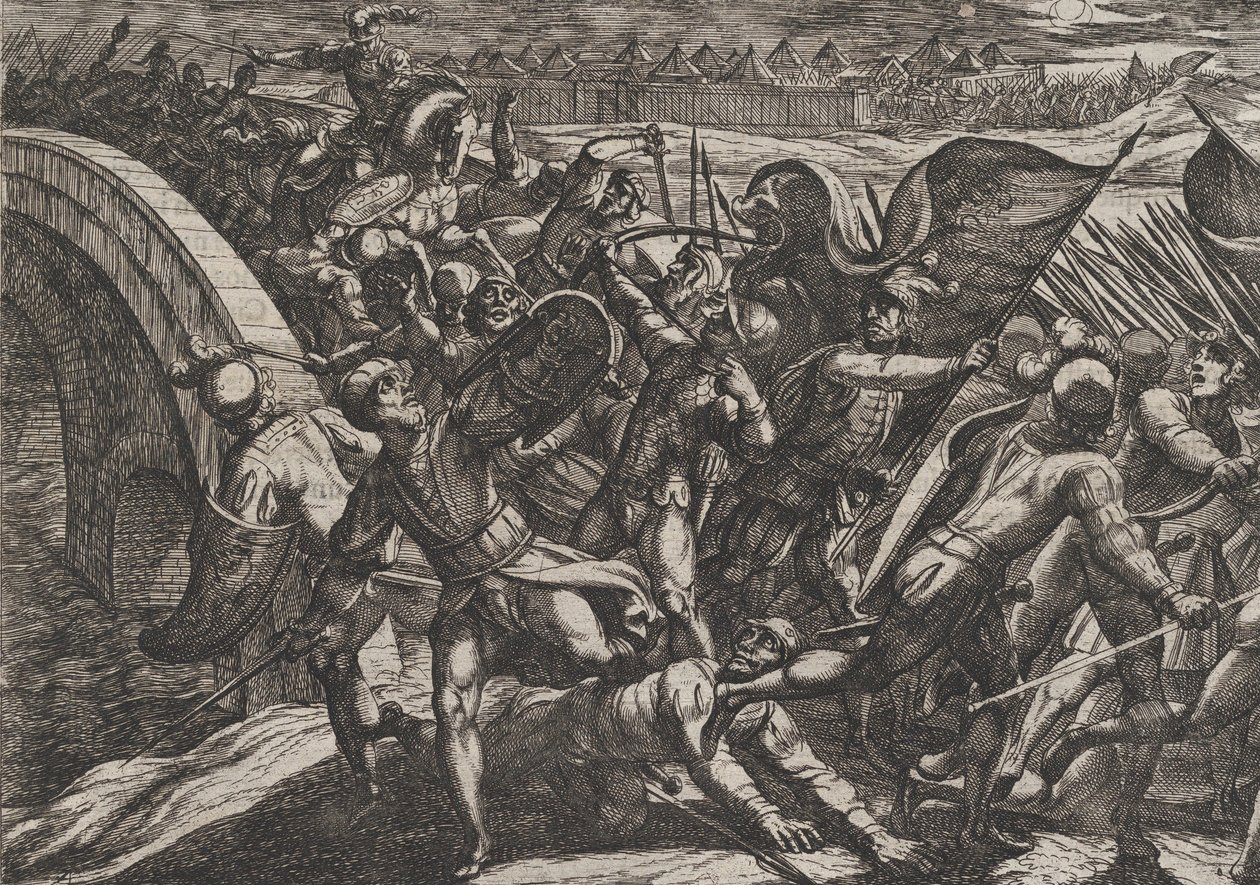 De Nederlanders tijdens een verrassingsaanval op het Romeinse kamp aan de Moezel, uit De Wa..., 1611 door Antonio Tempesta